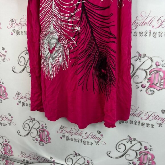 Ricki's tshirt top cold shoulder open pink Fuchsia Feather 🪶 Print Tunic - Picture 3 of 10